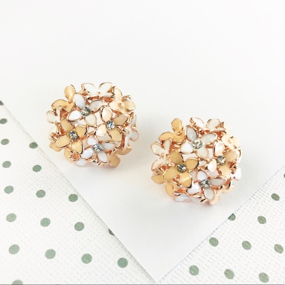 Flower Earrings White Pink Rose Gold Stud Bling - Picture 2 of 6